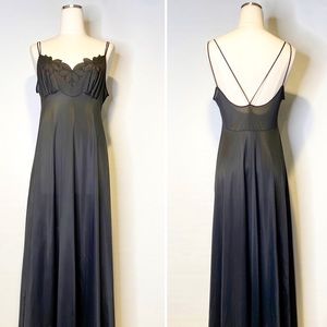 Vintage | Black Semi-Sheer Maxi Slip Dress w/ Stunning Floral Neckline